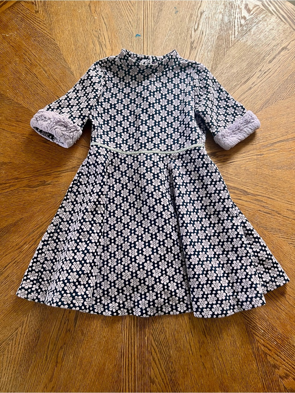 Janie & Jack |Girls' Navy and White Floral Fit-and-Flare Dress with Lilac Cuff T